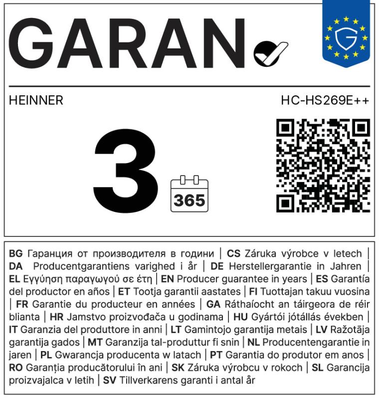 COMBINA FRIGORIFICA HEINNER HC-HS269E++, Clasa E, 269L, Control mecanic, Iluminare LED, H 180cm, Alb 4 Combina frigorifica HEINNER HC-HS269E++ garan