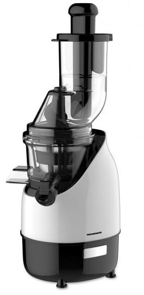 RESIGILAT - STORCATOR DE FRUCTE CU MELC HEINNER HSJ-200WH, 200W, 75RPM, Tub larg 80 mm, Recipiente fara BPA, Functie reverse, Alb/Negru