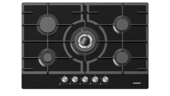 PLITA INCORPORABILA HEINNER HBH-M705IWFGBK, Gaz, 5 arzatoare, Latime 75cm, Gratar fonta, Wok, Aprindere electrica, Sticla neagra