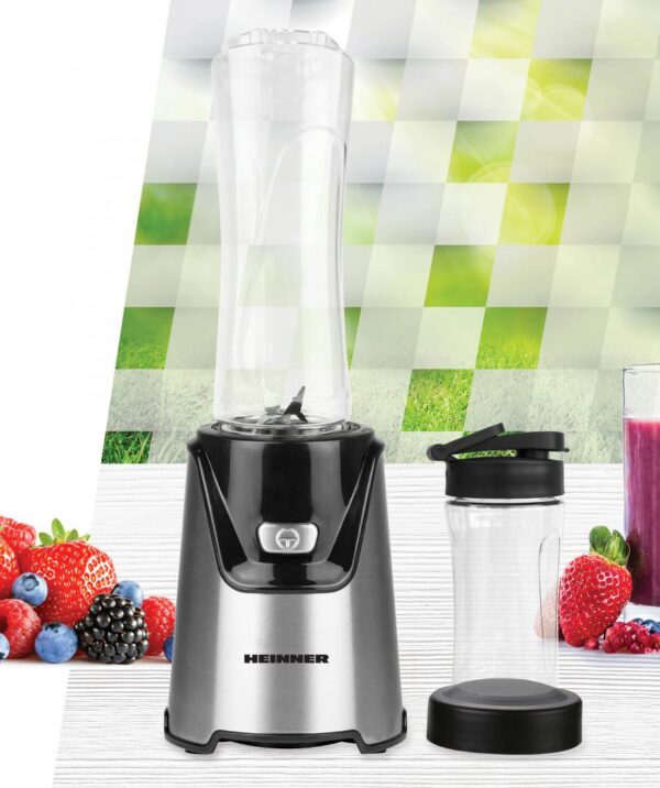 BLENDER SPORT HEINNER WELLGO MIX 400 HSB-T400SS, Putere 400W, 19000RPM, Recipiente Tritan fara BPA 600/400ML, Buton ON/OFF, Lame din inox, Carcasa din inox, Argintiu/Negru - imagine 3