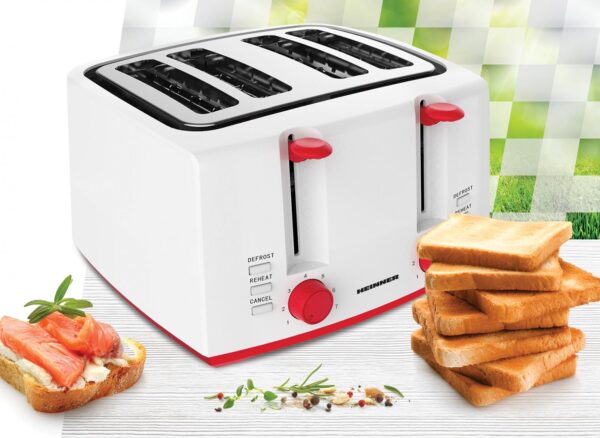 PRAJITOR DE PAINE HEINNER PANFETTE 1300 HTP-1300WHR, Putere 1100W, Capacitate 4 felii, 7 niveluri de rumenire, Alb/Rosu - imagine 2