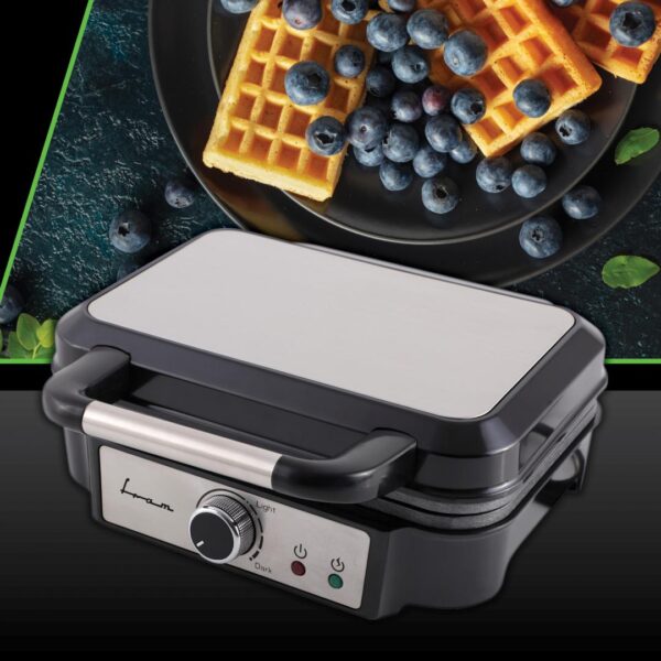 APARAT DE FACUT GOFRE FRAM FAG-M1000BKSS, Putere 1000W, Capacitate 2 gofre, Placi fixe cu invelis antiaderent, Temperatura ajustabila, Negru/Gri - imagine 2