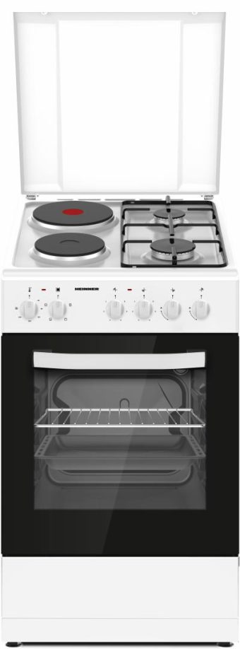 ARAGAZ MIXT HEINNER HFSC-S56E2HSWH, 50x60cm, 2 arzatoare gaz + 2 plite electrice, Aprindere electrica arzatoare, Cuptor electric, Clasa A, Grill, Alb