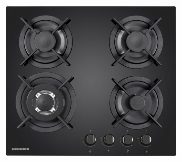PLITA INCORPORABILA HEINNER HBH-V4IWFGBK, Gaz, 4 arzatoare, Latime 60cm, Arzator WOK, Aprindere electrica integrata, Gratar fonta, Sticla neagra