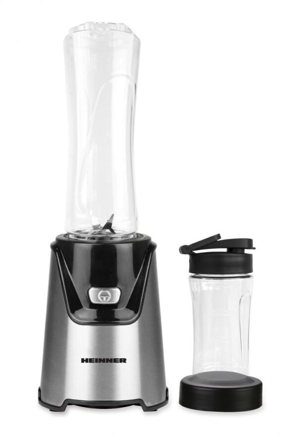 BLENDER SPORT HEINNER WELLGO MIX 400 HSB-T400SS, Putere 400W, 19000RPM, Recipiente Tritan fara BPA 600/400ML, Buton ON/OFF, Lame din inox, Carcasa din inox, Argintiu/Negru