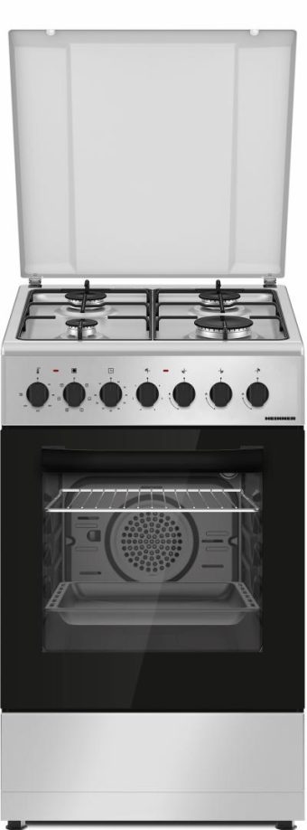 ARAGAZ MIXT HEINNER HFSC-S60LITGC-SL, 50x60cm, Clasa A, 4 arzatoare, Aprindere electrica plita, Cuptor electric, Timer, Grill, Ventilatie, Argintiu