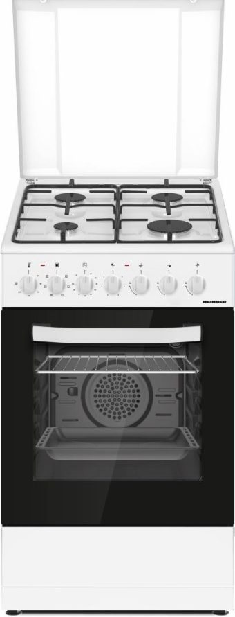 ARAGAZ MIXT HEINNER HFSC-S60LITGC-WH, 50x60cm, Clasa A, 4 arzatoare, Aprindere electrica plita, Cuptor electric, Timer, Grill, Ventilatie, Alb