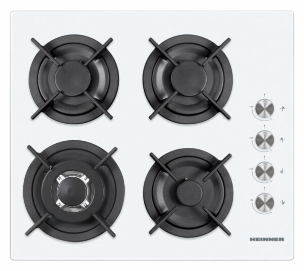 PLITA INCORPORABILA HEINNER HBH-V4IWF-GWH, Gaz, 4 Arzatoare, Latime 60cm, WOK, Gratar fonta, Aprindere electrica, Dispozitiv de siguranta, Sticla alba