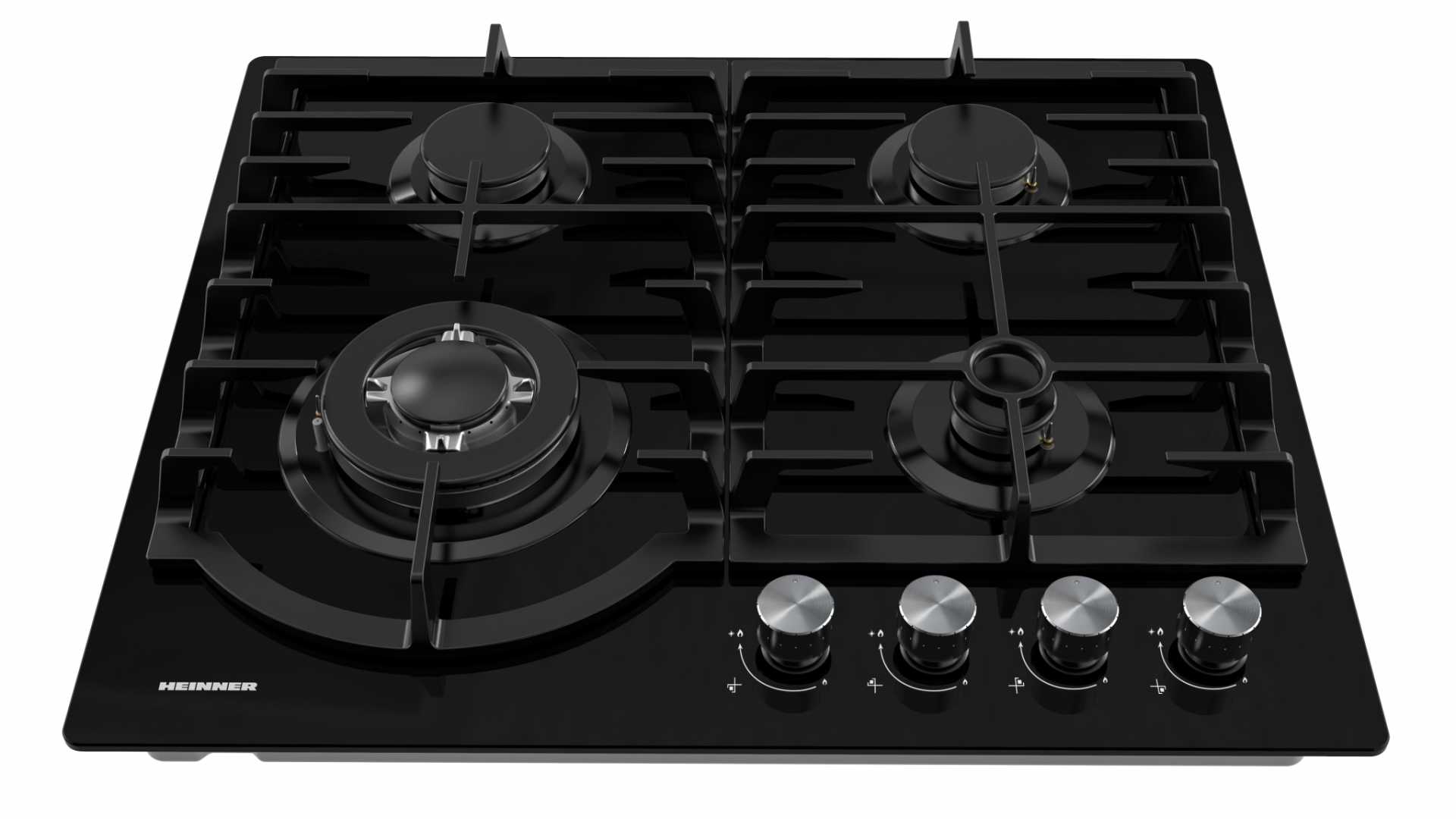 PLITA INCORPORABILA HEINNER HBH-M447IWFGBK, Gaz, 4 arzatoare, Latime 60cm, Gratar fonta, Wok, Aprindere electrica, Sticla neagra - imagine 3