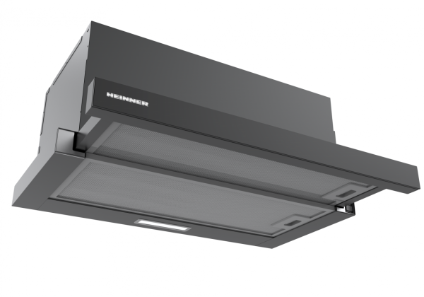 HOTA TELESCOPICA HEINNER HTCH-MD600GBK, Latime 60cm, Putere de absorbtie 630m3/h, 2 trepte de viteza, Lumina LED, 2 filtre aluminiu, Negru/Sticla