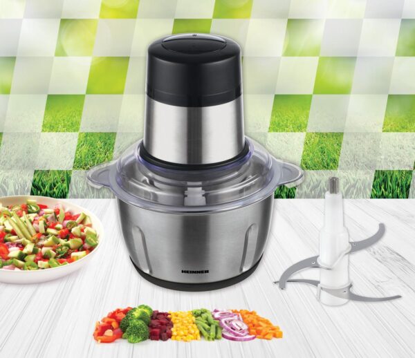 TOCATOR DE LEGUME HEINNER HMC-D300SS, Putere 300W, Capacitate 2L, 2 cutite din inox, 2 viteze, Bol din inox, Argintiu - imagine 3