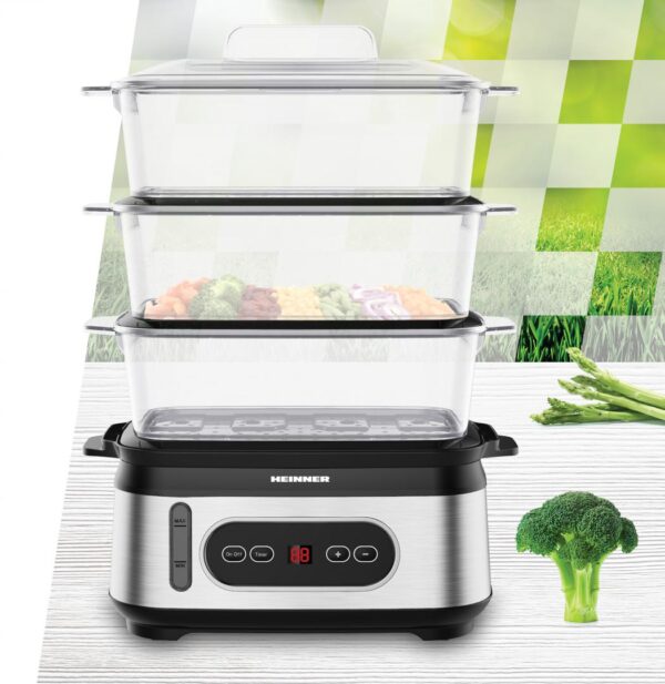 APARAT DE GATIT CU ABURI HEINNER ONE STEAM HSA-D950SS, Putere 800-950W, Display LED, Capacitate 9L, Rezervor apa 1.5L, Temporizator 60 min, Negru/Argintiu - imagine 3