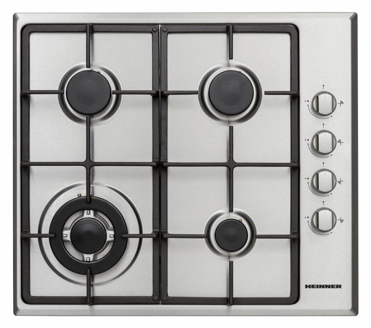 PLITA INCORPORABILA HEINNER HBH-V4IWFSCIX, Gaz, 4 arzatoare, Latime 58cm, Arzator WOK, Aprindere electrica integrata, Control lateral, Gratar fonta, Inox