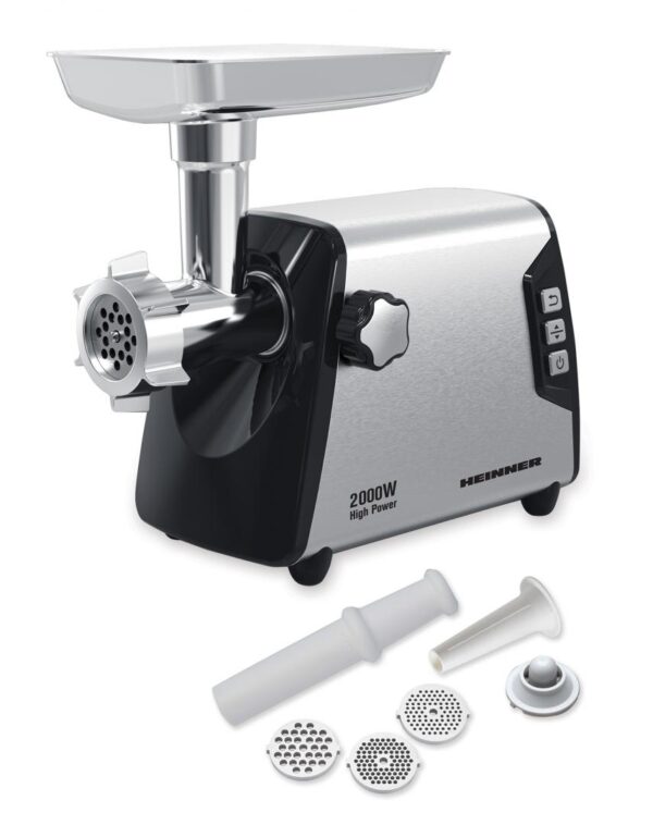 MASINA DE TOCAT HEINNER BLADE PRO HMG-Y2000SS, Putere 2000W, 3kg/min, Angrenaj metalic, Carcasa din aluminiu, Cutit inox, 3 site metalice, Functie reverse, Negru/Argintiu - imagine 2
