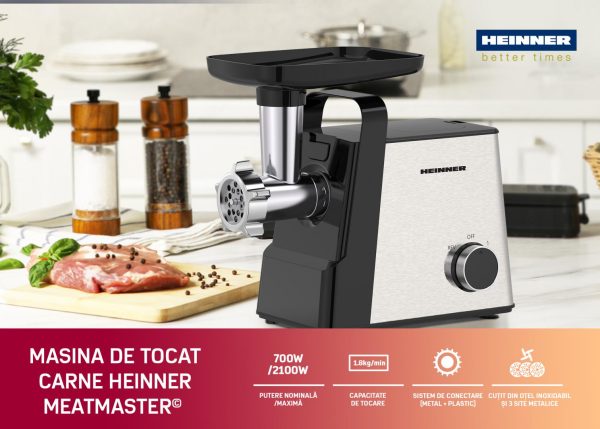 MASINA DE TOCAT HEINNER MEATMASTER HMG-2100SS3, Putere 2100W, 2 viteze,, Cutit inox, Accesoriu Rosii, Kibbe, Carnati, Negru/Inox - imagine 5