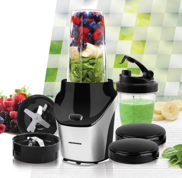 BLENDER SPORT HEINNER VITAMISER 1000 HSB-T1000SS, Putere 1000W, Rasnita inclusa, 18000RPM, Lame din inox, 2 capace suplimentare, Carcasa din inox, Argintiu/Negru - imagine 5