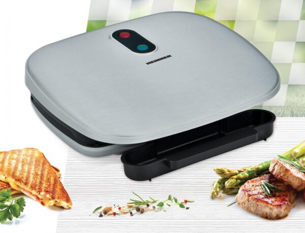 GRILL ELECTRIC HEINNER HEG-F1000SL, Putere 1000W; Placi fixe turnate 27 X 23 cm, Invelis antiaderent, Maner rece, Indicator luminos, Tava pentru colectare ulei, Argintiu - imagine 4