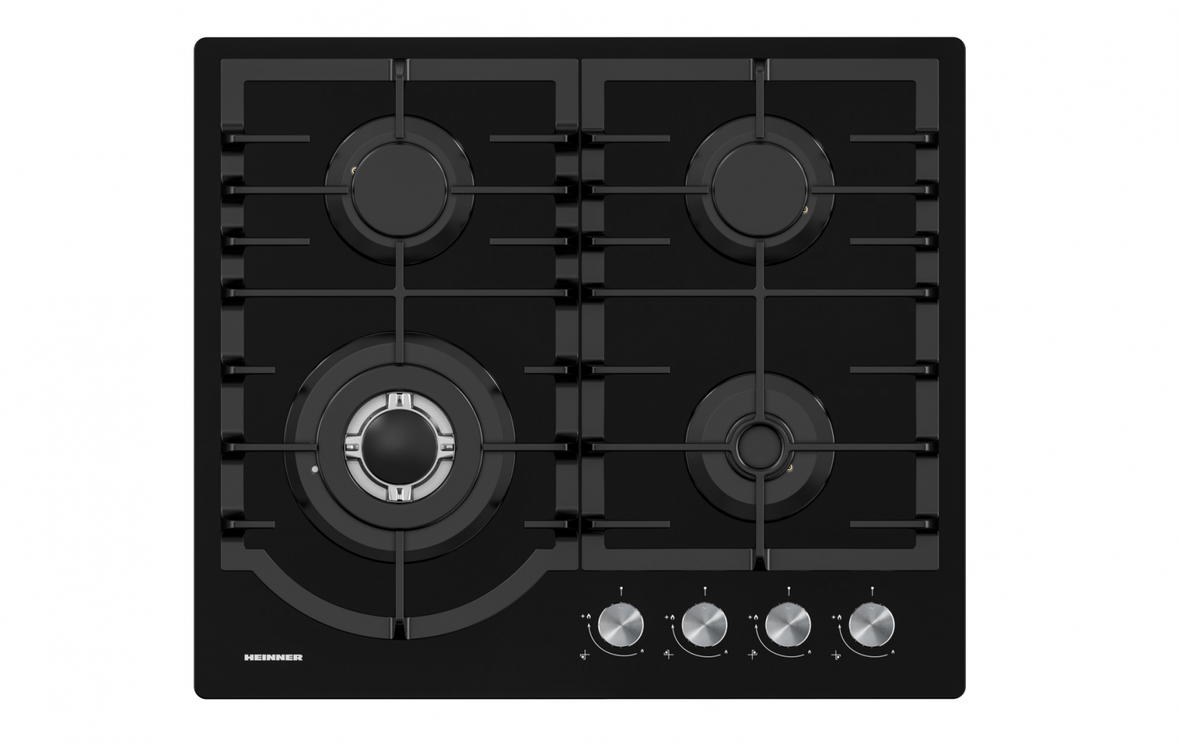 PLITA INCORPORABILA HEINNER HBH-M447IWFGBK, Gaz, 4 arzatoare, Latime 60cm, Gratar fonta, Wok, Aprindere electrica, Sticla neagra