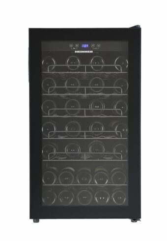 RACITOR DE VINURI HEINNER HRV-A118DRM40, Clasa G, 118L, 40 sticle 750 ml, Display LED, 5+1 rafturi metalice cromate, Usa reversibila, Negru