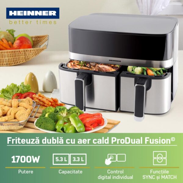 FRITEUZA DUBLA CU AER CALD HEINNER PRODUAL FUSION HAF-H9DB17BKS, Putere 1700W, Capacitate 8.6L, Control digital, 8 programe prestabilite, Gri/Argintiu - imagine 4