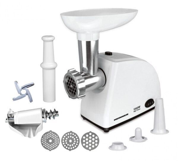 MASINA DE TOCAT HEINNER MG-W1200R, Putere 1360W, 1.5kg/min, Accesoriu rosii, Accesoriu carnati, Cutit inox, 3 site taiere, Alb