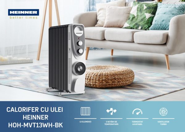 CALORIFER CU ULEI HEINNER HOH-MVT13WH-BK, Putere 2500W, 13 elementi, Ventilator Turbo, 3 setari de temperatura, Termostat ajustabil, Protectie supraincalzire, Alb/Negru - imagine 5
