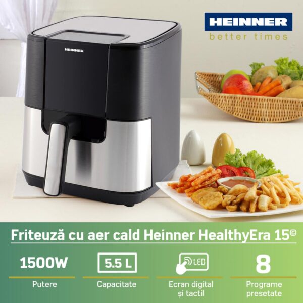 FRITEUZA CU AER CALD HEINNER HEALTHYERA 15 HAF-H6BKS1500, Putere 1500W, Capacitate: 5.5L, 8 Programe presetate, Negru/Argintiu - imagine 3