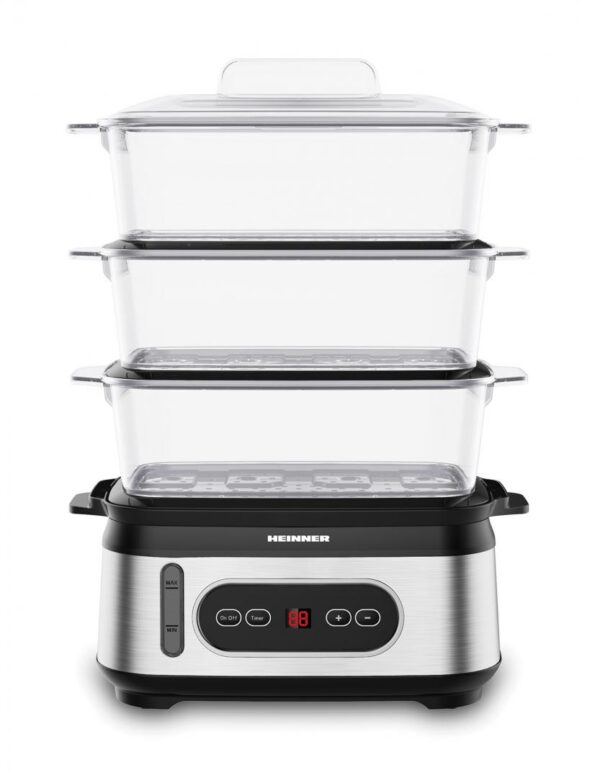 APARAT DE GATIT CU ABURI HEINNER ONE STEAM HSA-D950SS, Putere 800-950W, Display LED, Capacitate 9L, Rezervor apa 1.5L, Temporizator 60 min, Negru/Argintiu - imagine 2