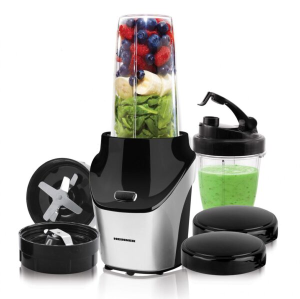BLENDER SPORT HEINNER VITAMISER 1000 HSB-T1000SS, Putere 1000W, Rasnita inclusa, 18000RPM, Lame din inox, 2 capace suplimentare, Carcasa din inox, Argintiu/Negru - imagine 2