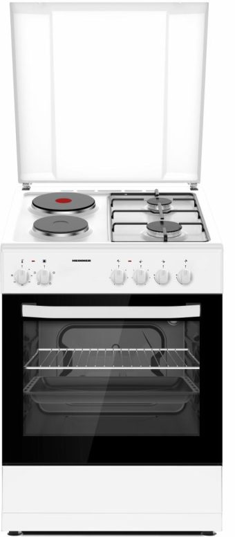 ARAGAZ MIXT HEINNER HFSC-S60E2HSWH, 60x60cm, 2 arzatoare gaz + 2 plite electrice, Aprindere electrica arzatoare, Cuptor electric, Clasa A, Grill, Alb