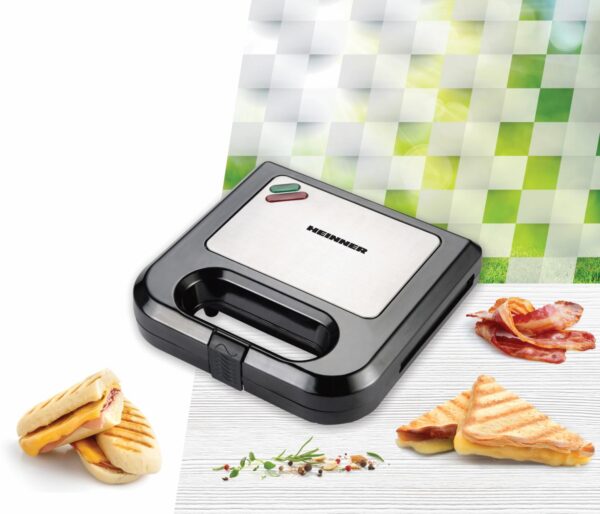SANDWICH MAKER HEINNER SM-K750BKS, Putere 750W, Placi antiadezive fixe tip grill, Negru/Inox - imagine 3