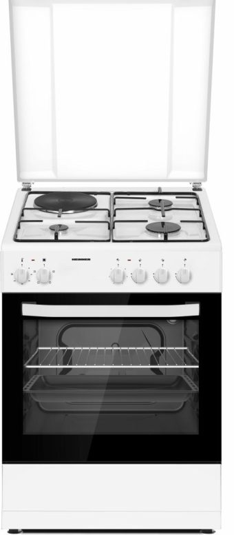 ARAGAZ MIXT HEINNER HFSC-S60E1HSWH, 60x60cm, 3 arzatoare gaz + 1 plita electrica, Aprindere electrica arzatoare, Cuptor electric, Clasa A, Grill, Alb