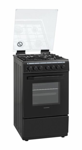 ARAGAZ MIXT HEINNER HFSC-V60LITGC-BK, 50x60cm, 4 arzatoare, Aprindere electrica plita, Cuptor electric, Clasa A, 6 functii, Timer, Grill, Ventilatie, Duze GPL incluse, Negru