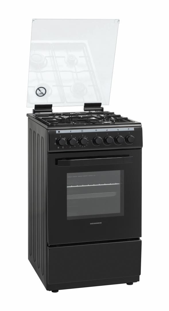 ARAGAZ MIXT HEINNER HFSC-V60LITGC-BK, 50x60cm, 4 arzatoare, Aprindere electrica plita, Cuptor electric, Clasa A, 6 functii, Timer, Grill, Ventilatie, Duze GPL incluse, Negru