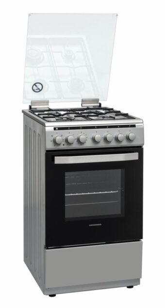 RESIGILAT - ARAGAZ MIXT HEINNER HFSC-V60LITGC-SL, Clasa A, Latime 50cm, 4 arzatoare gaz, Dispozitiv de siguranta plita, Aprindere electrica, Cuptor electric, Timer, Grill, Argintiu