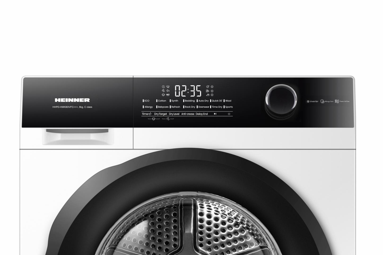 USCATOR DE RUFE CU POMPA DE CALDURA HEINNER HHPD-HMK80IVFC+++, Clasa C, 8Kg, 14 programe, Motor Inverter, Control Touch, Program rapid 30 min, Alb 3 USCATOR DE RUFE CU POMPA DE CALDURA HEINNER HHPD-HMK80IVFC+++, Clasa C, 8Kg, 14 programe, Motor Inverter, Control Touch, Program rapid 30 min, Alb - imagine 3