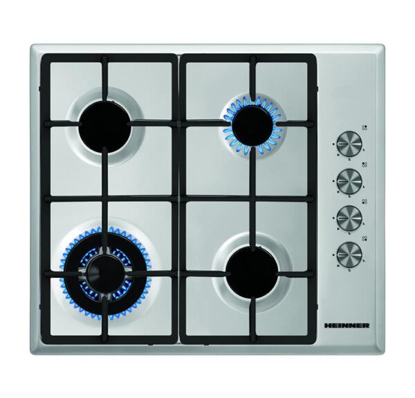 PLITA INCORPORABILA HEINNER HBH-S584WI-IX, Gaz, 4 Arzatoare, Latime 60cm, Aprindere electrica, Gratar fonta, WOK, Inox