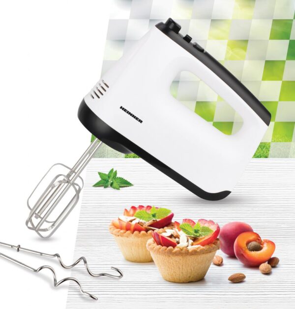 MIXER DE MANA HEINNER HM-400WHBK, Putere 400W, 6 viteze + Turbo, Teluri si carlige din inox, Alb/Negru - imagine 2