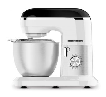 MIXER PLANETAR HEINNER HPM-1300WHBK, Putere 1000W, Bol inox: 5L, 10 viteze, Tel, Carlig framantare, Paleta, Capac transparent protectie, Alb/Negru