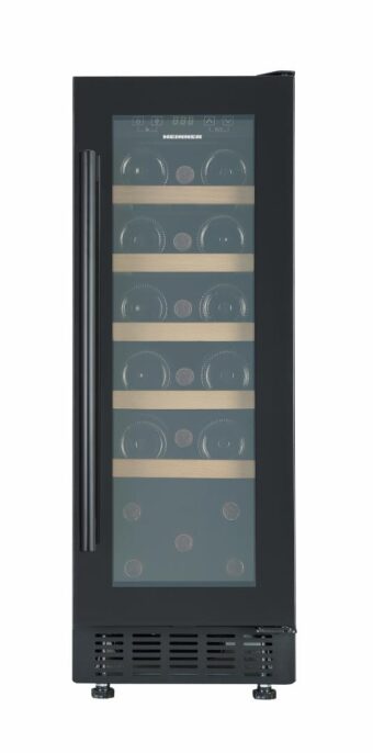 RACITOR DE VINURI INCORPORABIL HEINNER HRV-ABI56DRL20, Clasa G, 56L, 20 sticle 750 ml, Display LED, Control electronic, Lumina LED, 5 rafuri lemn, Usa reversibila, H 82cm, Negru