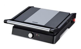 GRILL ELECTRIC HEINNER HEPG-F2000BKSS, Putere 2000W, Placi fixe antiadezive, Deschidere 180°, Temperatura reglabila, Negru/Inox