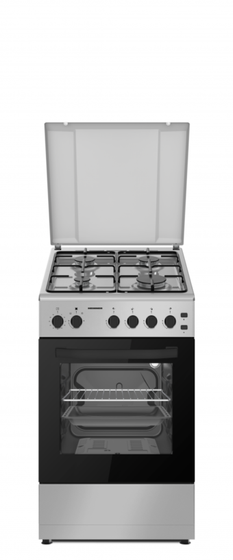ARAGAZ HEINNER HFSC-S60LITGSL, Gaz, 4 arzatoare, Latime 50cm, Aprindere electrica plita/cuptor, Timer, Grill, Lumina cuptor, Argintiu