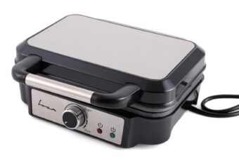 APARAT DE FACUT GOFRE FRAM FAG-M1000BKSS, Putere 1000W, Capacitate 2 gofre, Placi fixe cu invelis antiaderent, Temperatura ajustabila, Negru/Gri