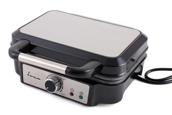 APARAT DE FACUT GOFRE FRAM FAG-M1000BKSS, Putere 1000W, Capacitate 2 gofre, Placi fixe cu invelis antiaderent, Temperatura ajustabila, Negru/Gri