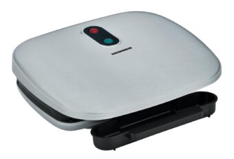 GRILL ELECTRIC HEINNER HEG-F1000SL, Putere 1000W; Placi fixe turnate 27 X 23 cm, Invelis antiaderent, Maner rece, Indicator luminos, Tava pentru colectare ulei, Argintiu