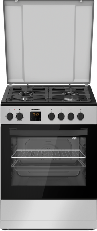 ARAGAZ MIXT HEINNER HFSC-S66FDC-BIX, Clasa A, Latime 60cm, 4 arzatoare gaz, Cuptor electric, Aprindere electrica, Timer digital, Grill, Inox