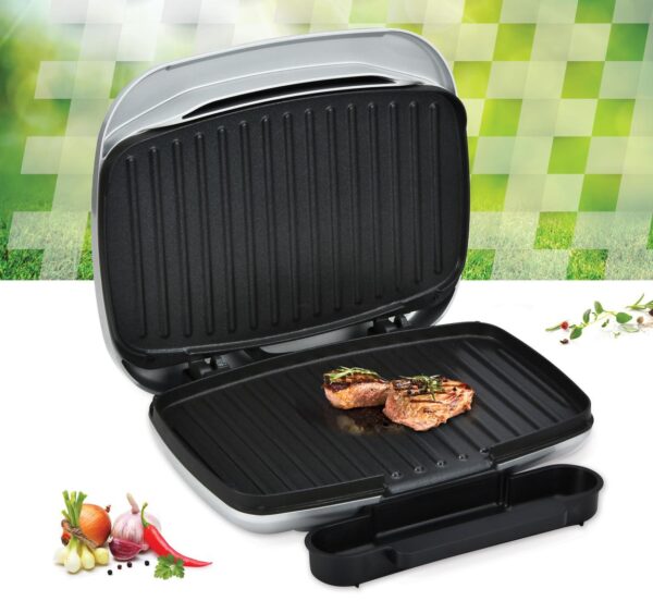 GRILL ELECTRIC HEINNER HEG-F1000SL, Putere 1000W; Placi fixe turnate 27 X 23 cm, Invelis antiaderent, Maner rece, Indicator luminos, Tava pentru colectare ulei, Argintiu - imagine 3