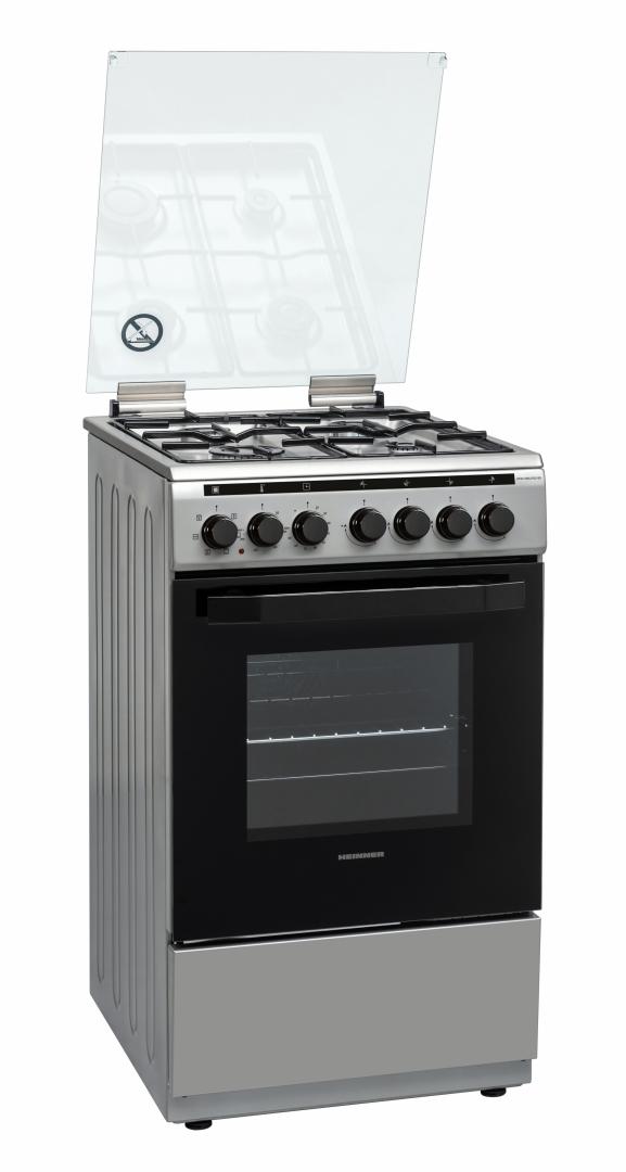 ARAGAZ MIXT HEINNER HFSC-V60LITGC-SS, 50x60cm, 4 arzatoare, Aprindere electrica plita, Cuptor electric, Clasa A, 6 functii, Timer, Grill, Ventilatie, Duze GPL incluse, Inox
