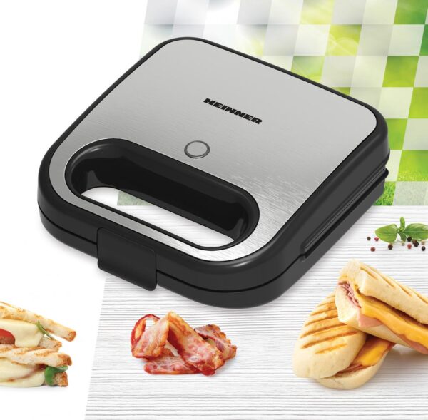 SANDWICH MAKER HEINNER SM-K750FGSL, Putere 750W, Capacitate: 2 sandwich-uri, Placi antiadezive fixe tip grill, Silver - imagine 3