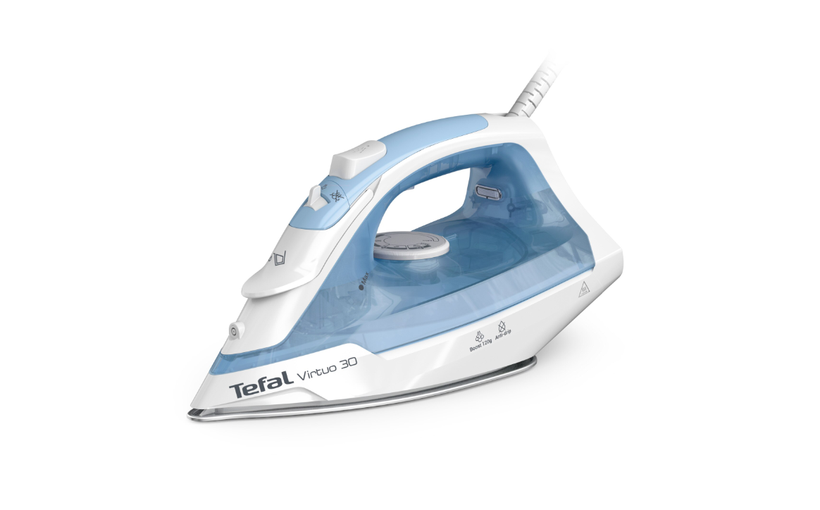 FIER DE CALCAT CU ABUR TEFAL VIRTUO 30 FV2C41E0, Putere 2000W, Capacitate 240ml, Jet de abur 120g/min, Abur variabil 0-25g/min, Talpa ceramica, Albastru/Alb 1 FIER DE CALCAT CU ABUR TEFAL VIRTUO 30 FV2C41E0, Putere 2000W, Capacitate 240ml, Jet de abur 120g/min, Abur variabil 0-25g/min, Talpa ceramica, Albastru/Alb